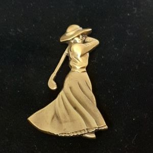 Victorian Lady Gold-tone Golfer Vintage Brooch Signed Fort